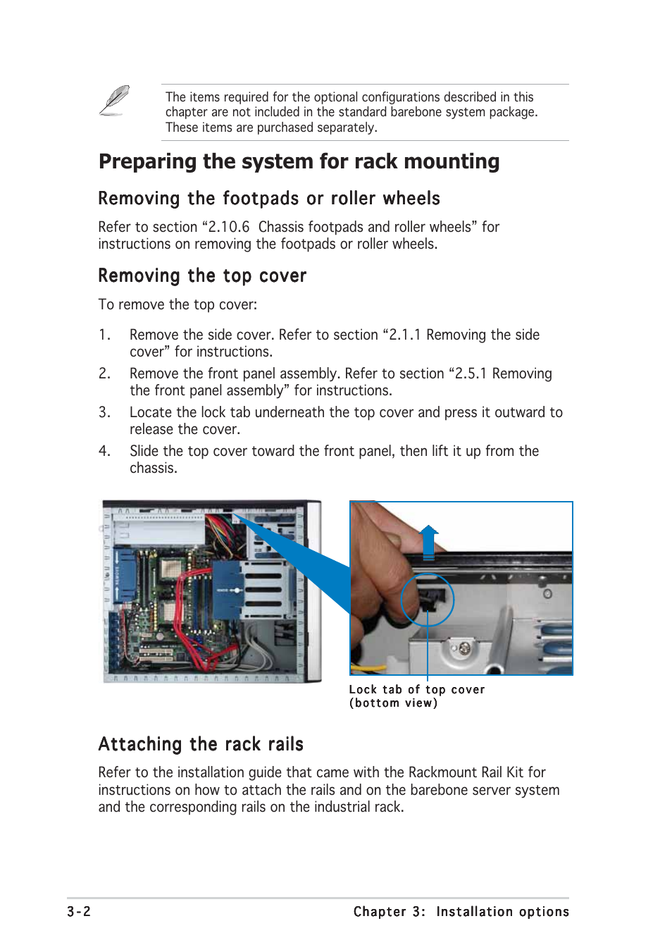 Preparing the system for rack mounting, Removing the footpads or roller wheels, Removing the top cover | Attaching the rack rails | Asus TW510-E2 User Manual | Page 64 / 162