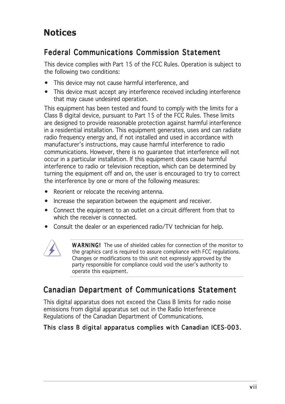 Notices, Federal communications commission statement, Canadian department of communications statement | Asus TW510-E2 User Manual | Page 7 / 162