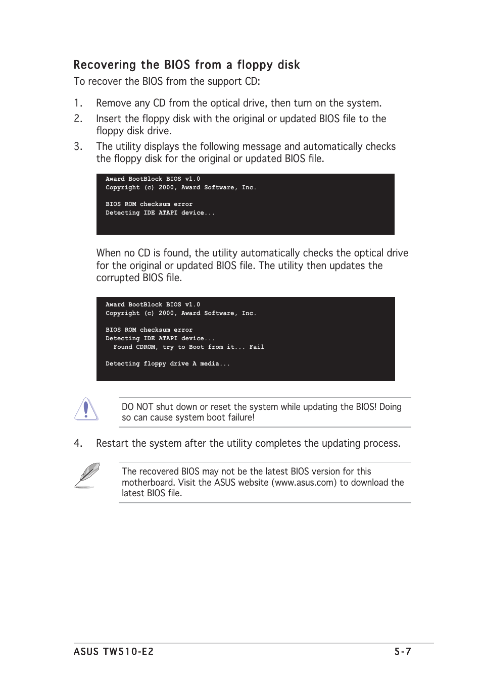 Recovering the bios from a floppy disk | Asus TW510-E2 User Manual | Page 87 / 162