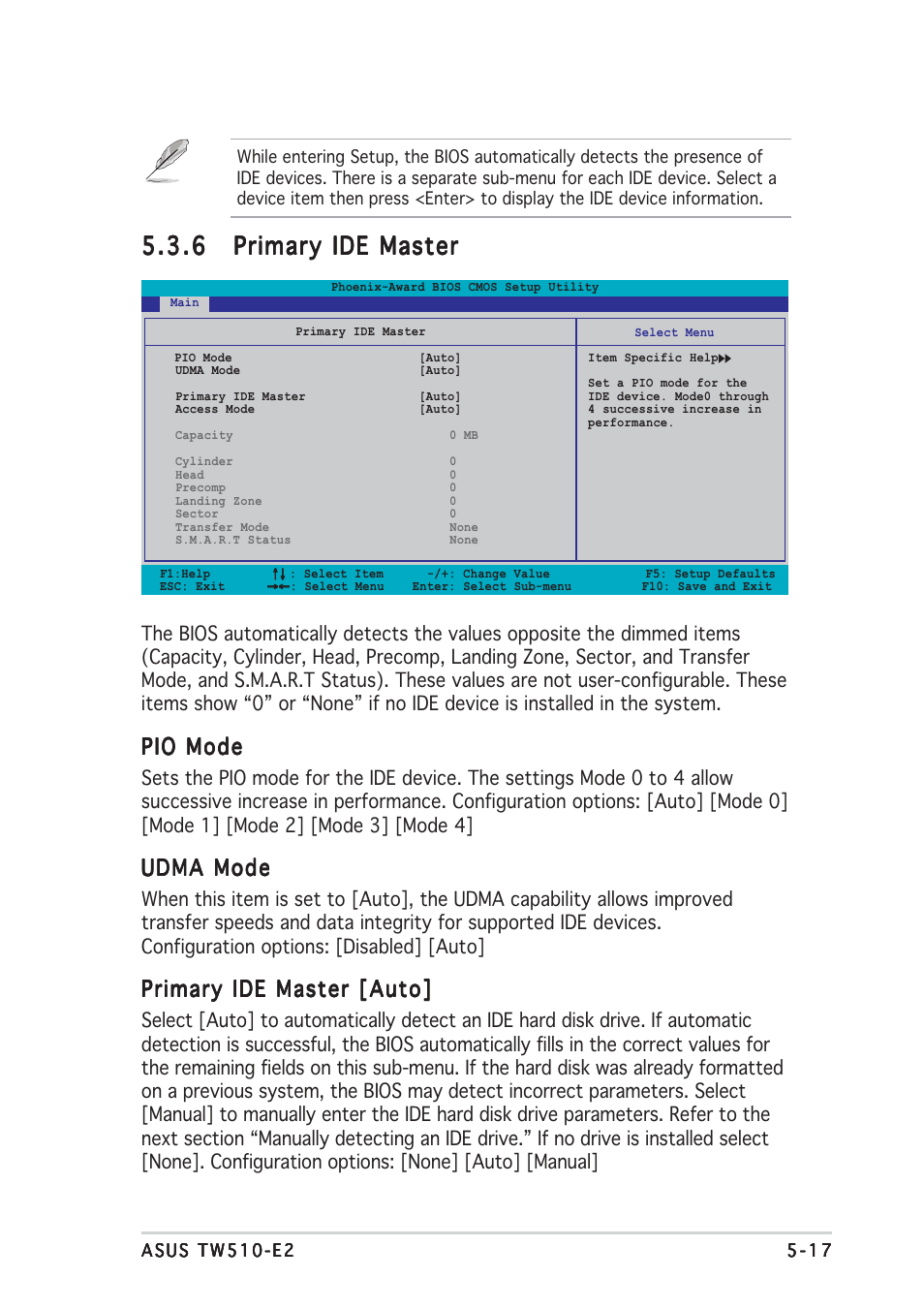 Pio mode, Udma mode, Primary ide master [auto | Asus TW510-E2 User Manual | Page 97 / 162