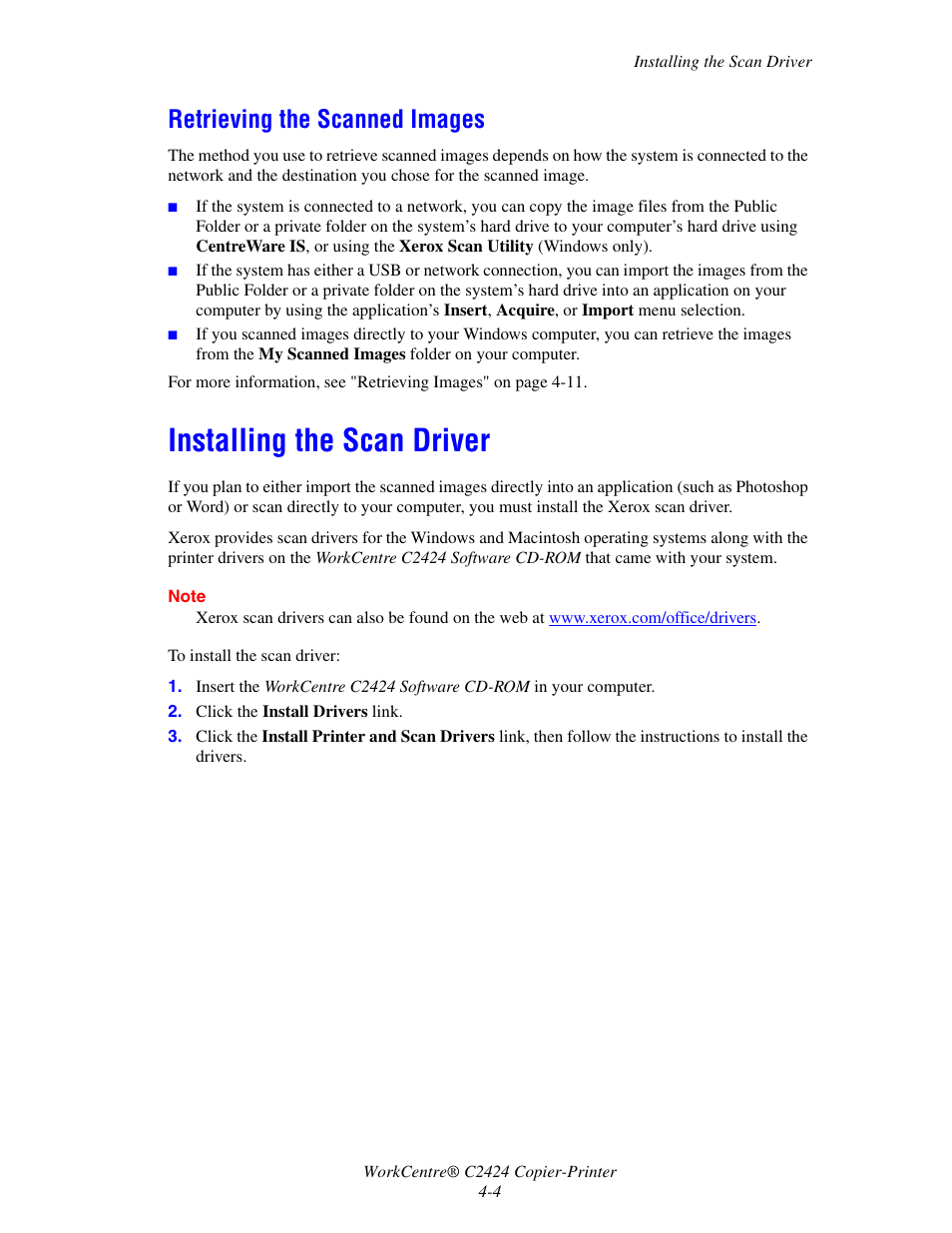 Retrieving the scanned images, Installing the scan driver | Xerox WorkCentre C2424-3837 User Manual | Page 4 / 21