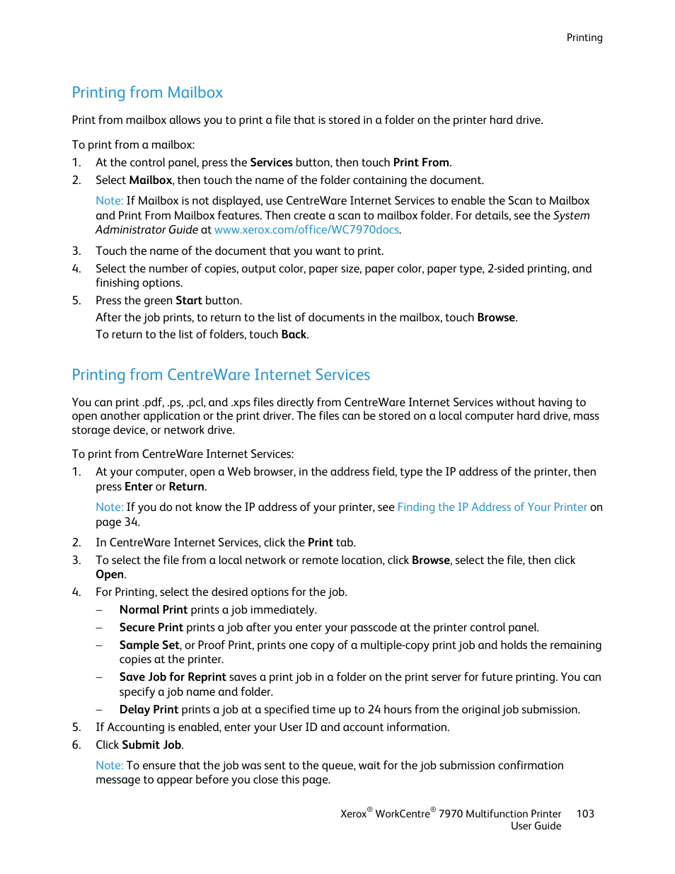 Printing from mailbox, Printing from centreware internet services | Xerox WorkCentre 7970-3795 User Manual | Page 103 / 316