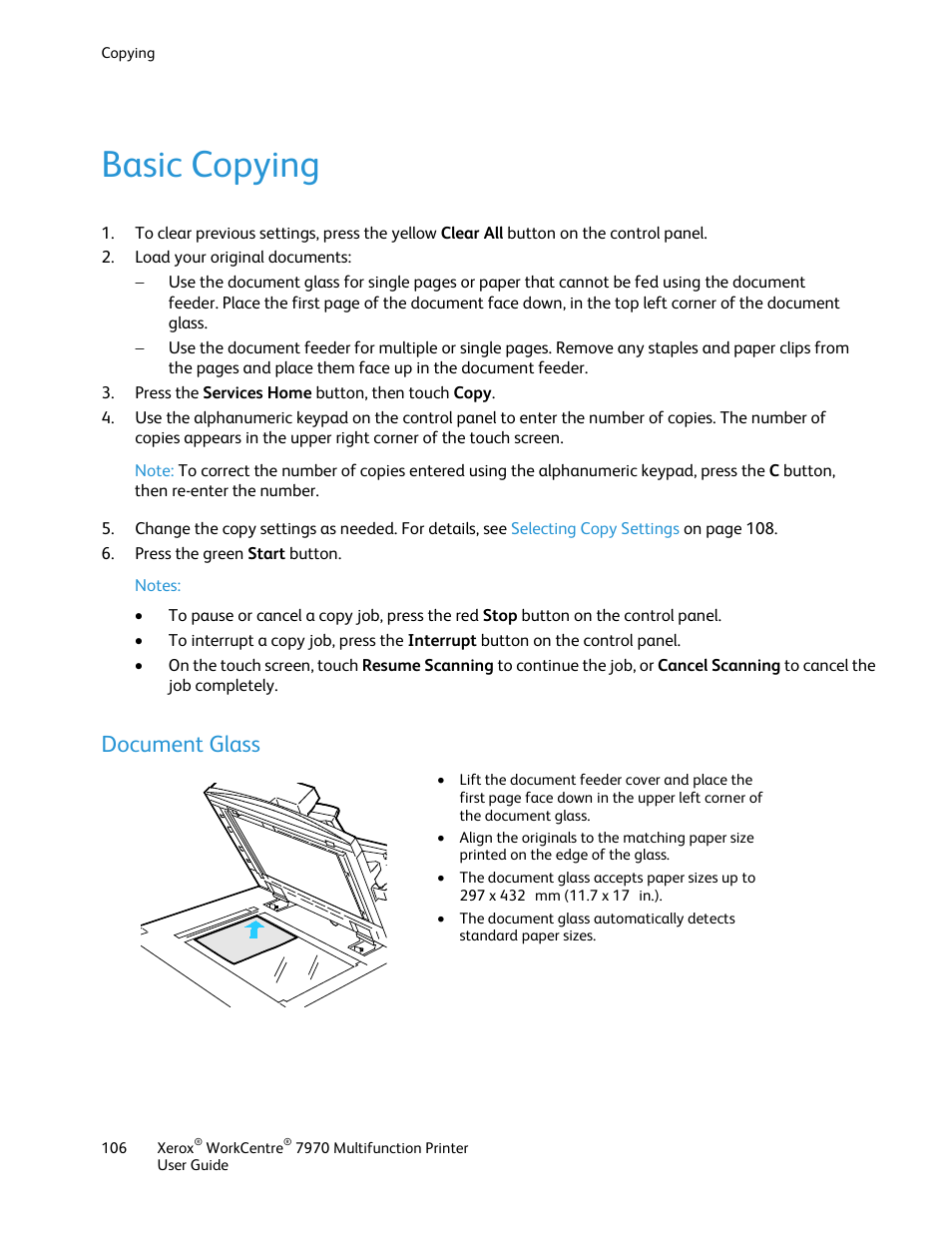 Basic copying, Document glass | Xerox WorkCentre 7970-3795 User Manual | Page 106 / 316