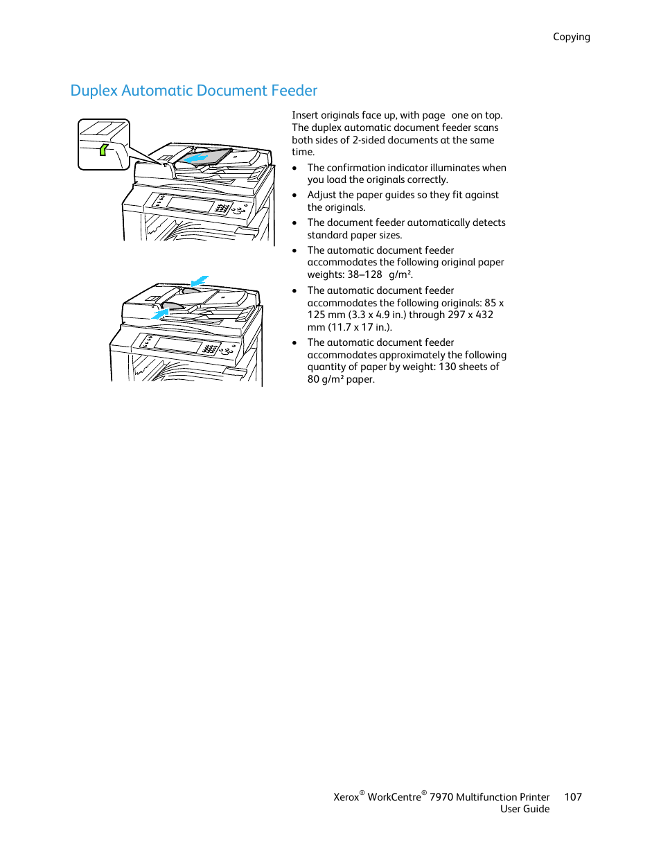 Duplex automatic document feeder | Xerox WorkCentre 7970-3795 User Manual | Page 107 / 316