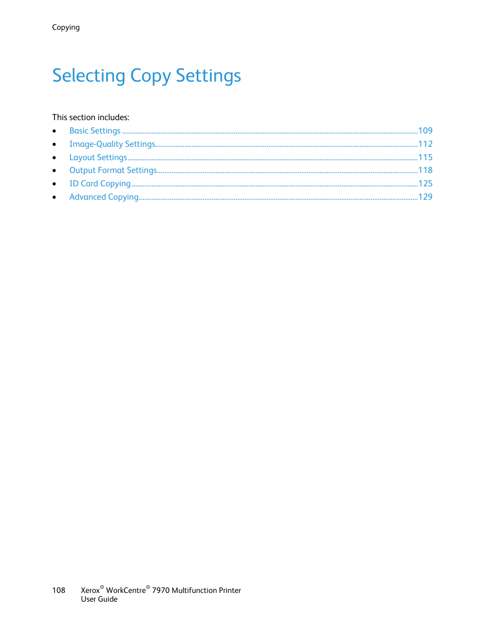 Selecting copy settings | Xerox WorkCentre 7970-3795 User Manual | Page 108 / 316