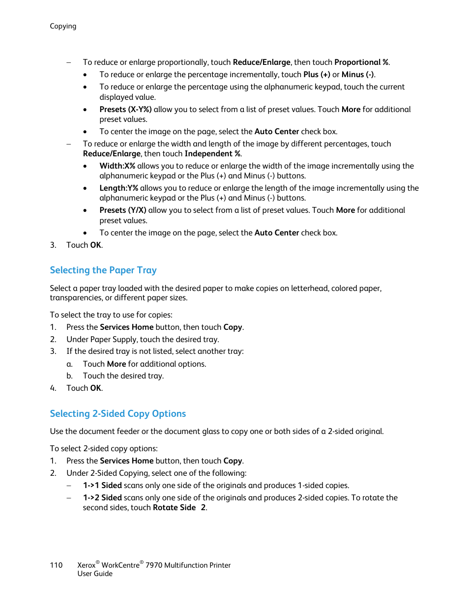 Selecting the paper tray, Selecting 2-sided copy options | Xerox WorkCentre 7970-3795 User Manual | Page 110 / 316