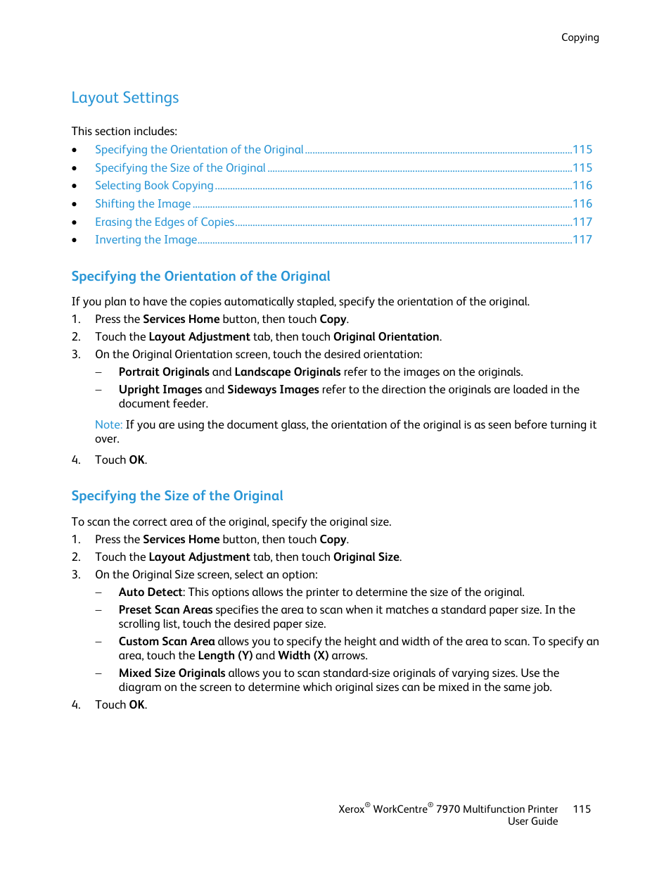 Layout settings, Specifying the orientation of the original, Specifying the size of the original | Xerox WorkCentre 7970-3795 User Manual | Page 115 / 316