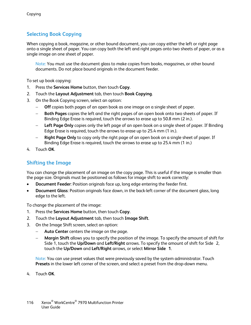 Selecting book copying, Shifting the image | Xerox WorkCentre 7970-3795 User Manual | Page 116 / 316