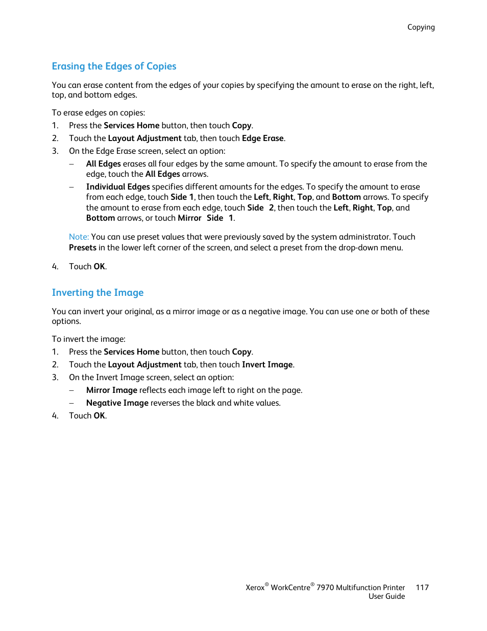 Erasing the edges of copies, Inverting the image | Xerox WorkCentre 7970-3795 User Manual | Page 117 / 316