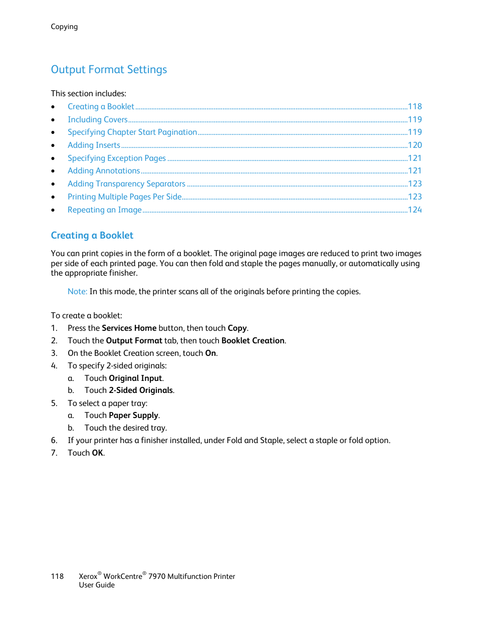 Output format settings, Creating a booklet | Xerox WorkCentre 7970-3795 User Manual | Page 118 / 316