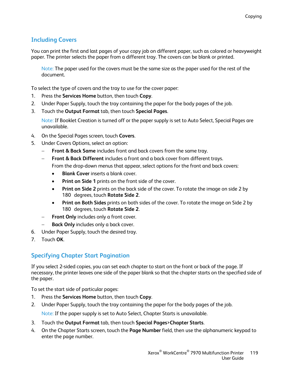 Including covers, Specifying chapter start pagination | Xerox WorkCentre 7970-3795 User Manual | Page 119 / 316