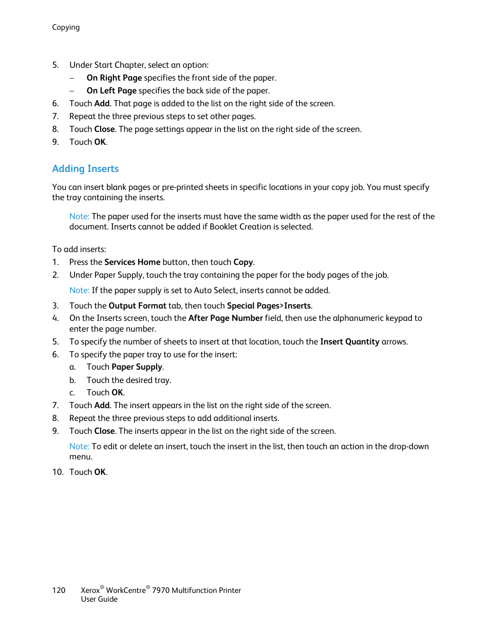 Adding inserts | Xerox WorkCentre 7970-3795 User Manual | Page 120 / 316