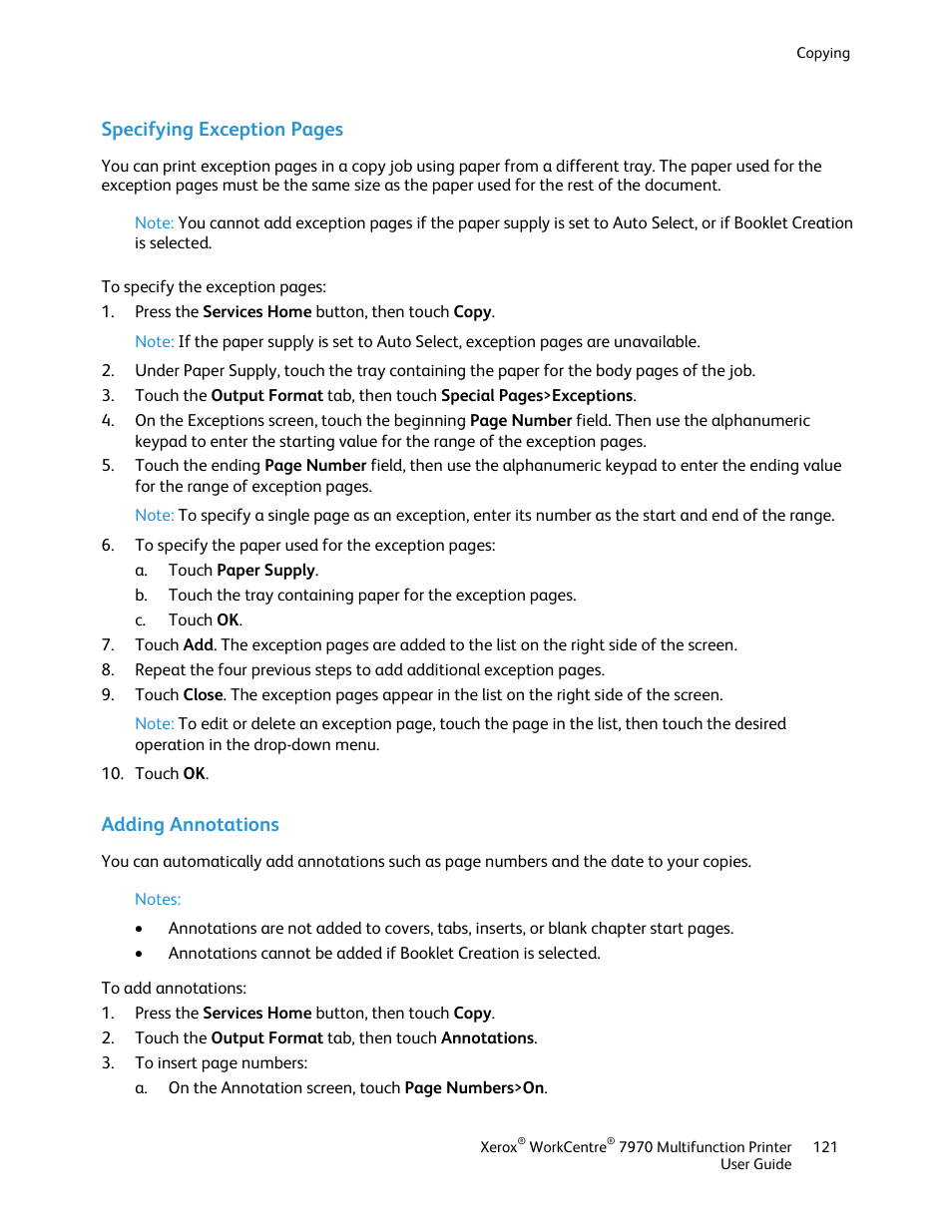 Adding annotations, Specifying exception pages | Xerox WorkCentre 7970-3795 User Manual | Page 121 / 316