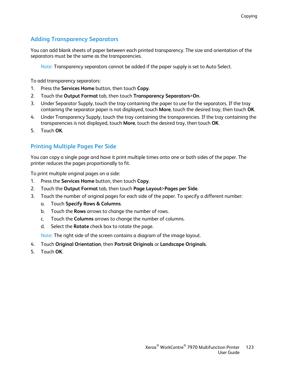 Adding transparency separators, Printing multiple pages per side | Xerox WorkCentre 7970-3795 User Manual | Page 123 / 316