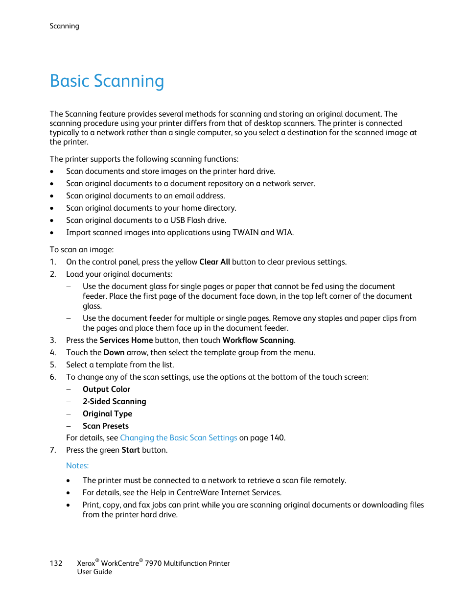 Basic scanning | Xerox WorkCentre 7970-3795 User Manual | Page 132 / 316