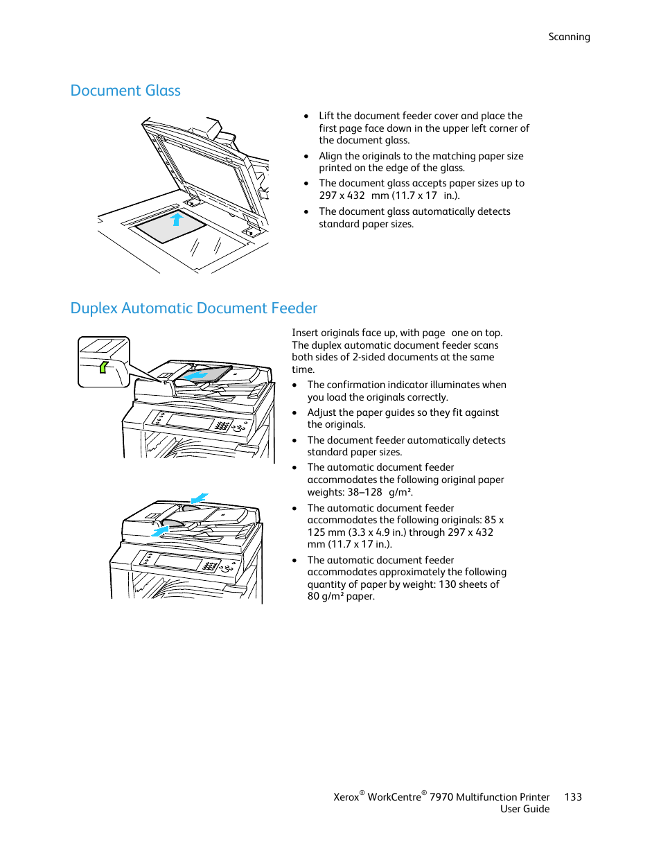 Document glass, Duplex automatic document feeder | Xerox WorkCentre 7970-3795 User Manual | Page 133 / 316