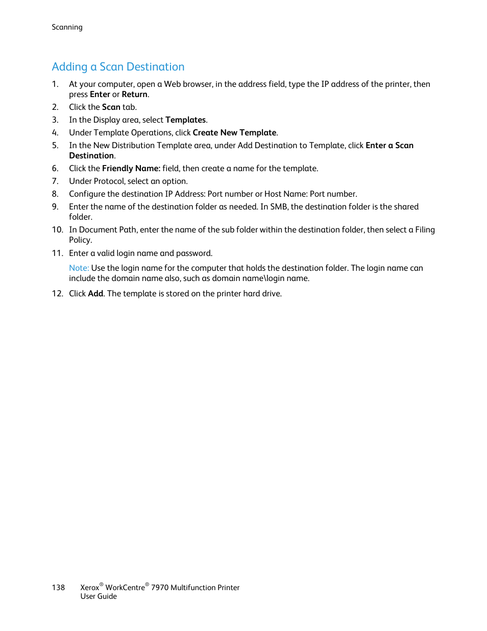Adding a scan destination | Xerox WorkCentre 7970-3795 User Manual | Page 138 / 316