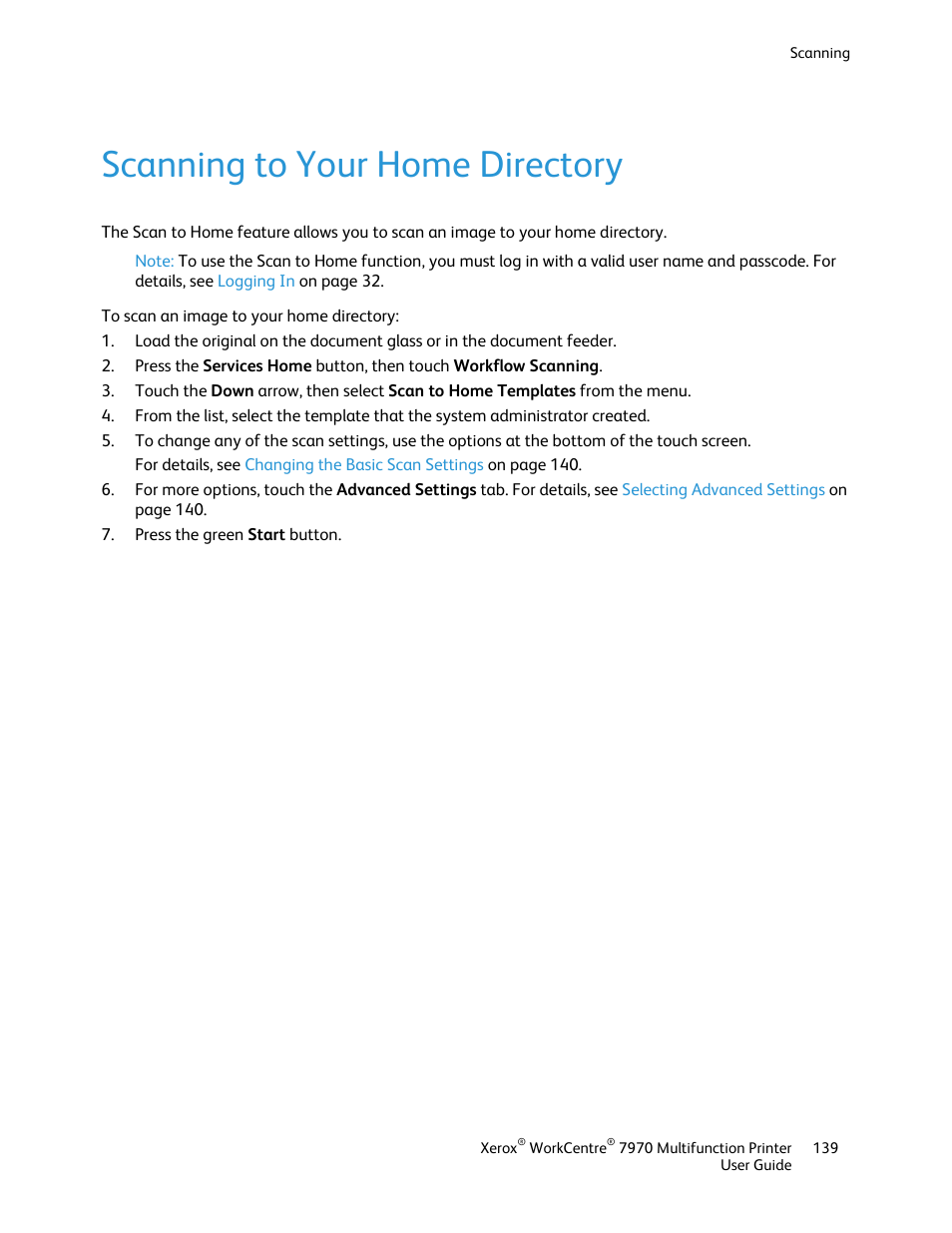 Scanning to your home directory | Xerox WorkCentre 7970-3795 User Manual | Page 139 / 316