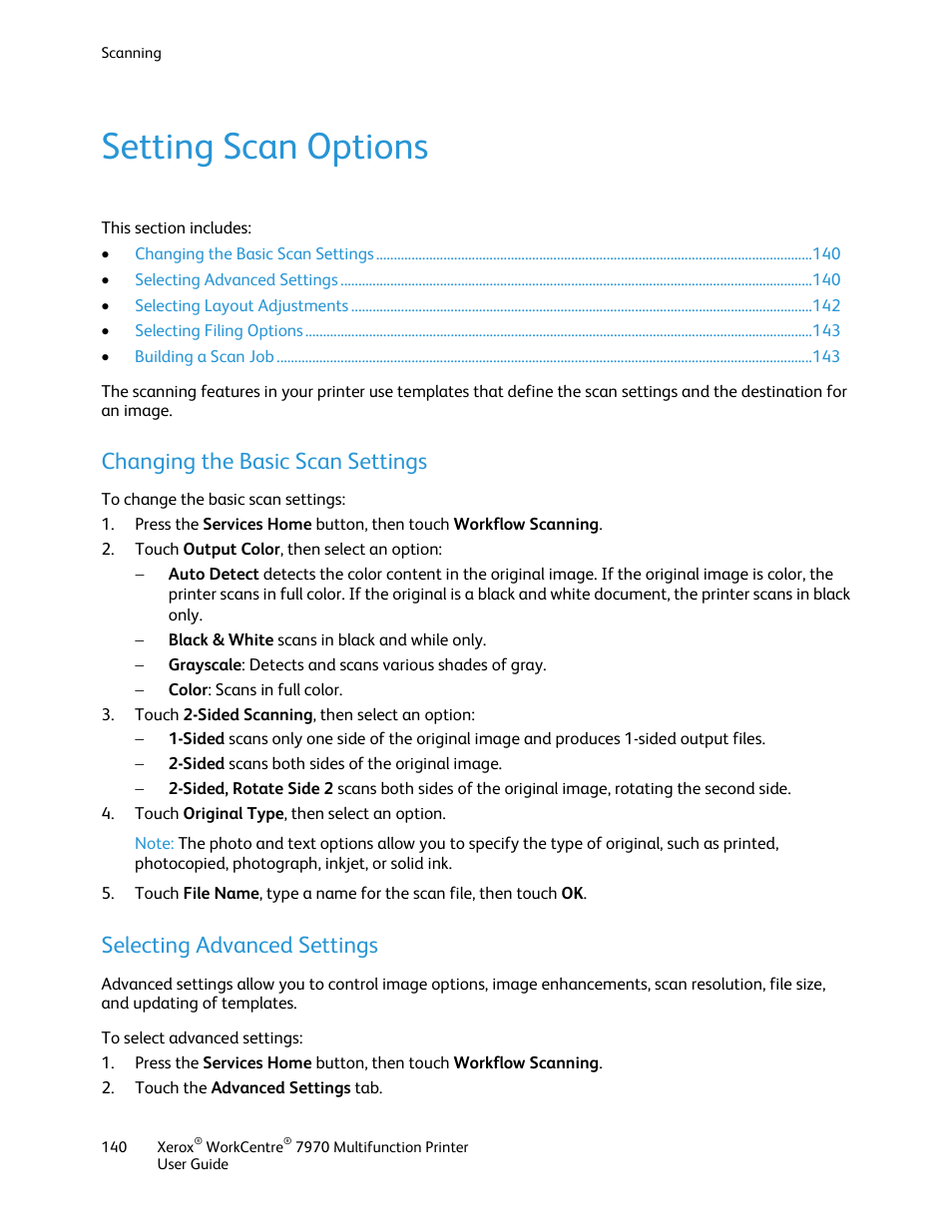 Setting scan options, Changing the basic scan settings, Selecting advanced settings | Xerox WorkCentre 7970-3795 User Manual | Page 140 / 316