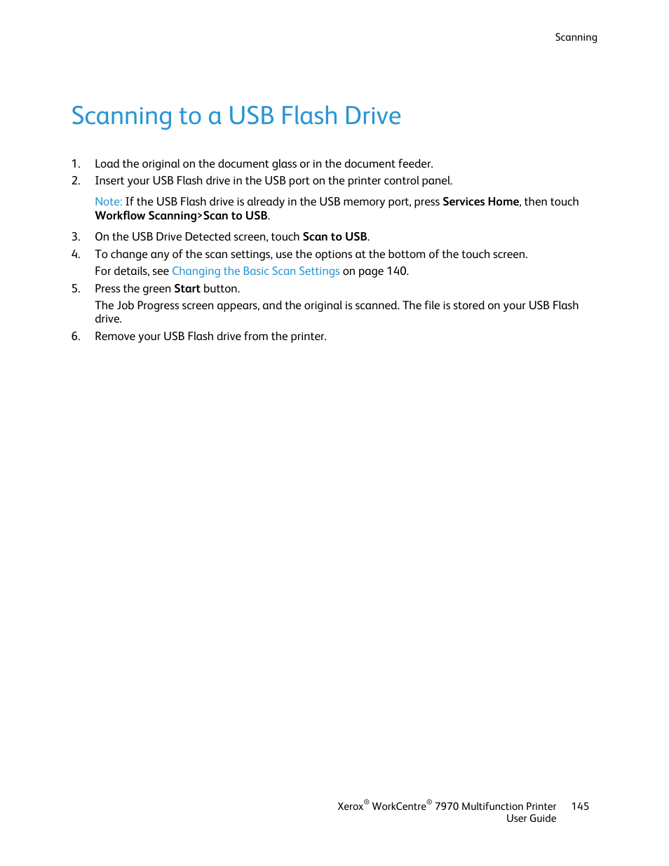 Scanning to a usb flash drive | Xerox WorkCentre 7970-3795 User Manual | Page 145 / 316