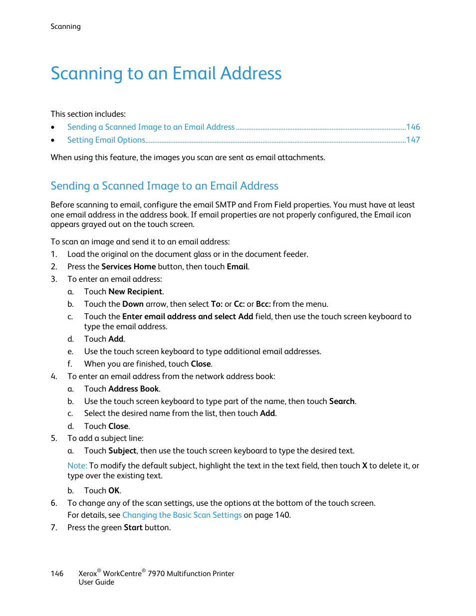 Scanning to an email address, Sending a scanned image to an email address | Xerox WorkCentre 7970-3795 User Manual | Page 146 / 316