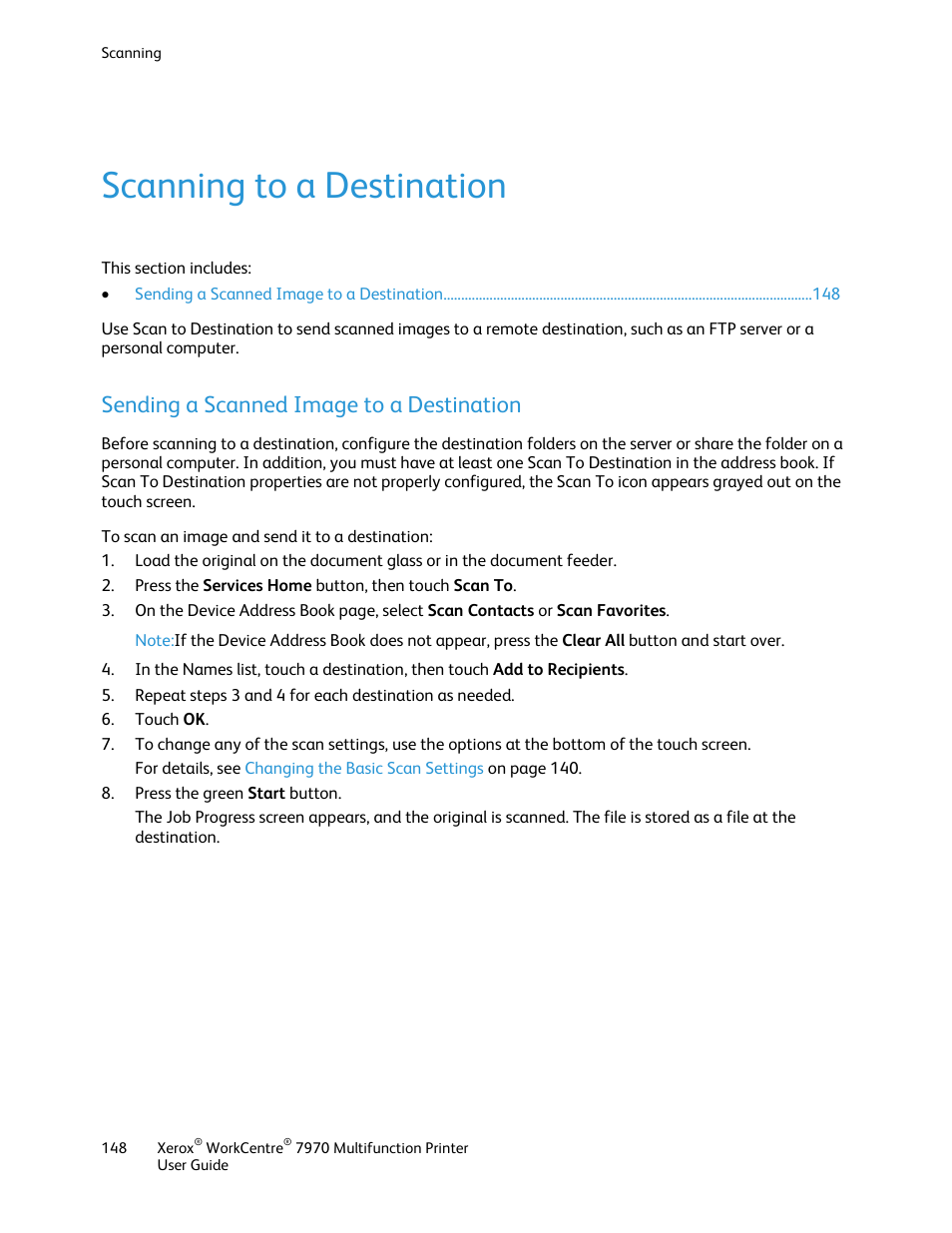 Scanning to a destination, Sending a scanned image to a destination | Xerox WorkCentre 7970-3795 User Manual | Page 148 / 316