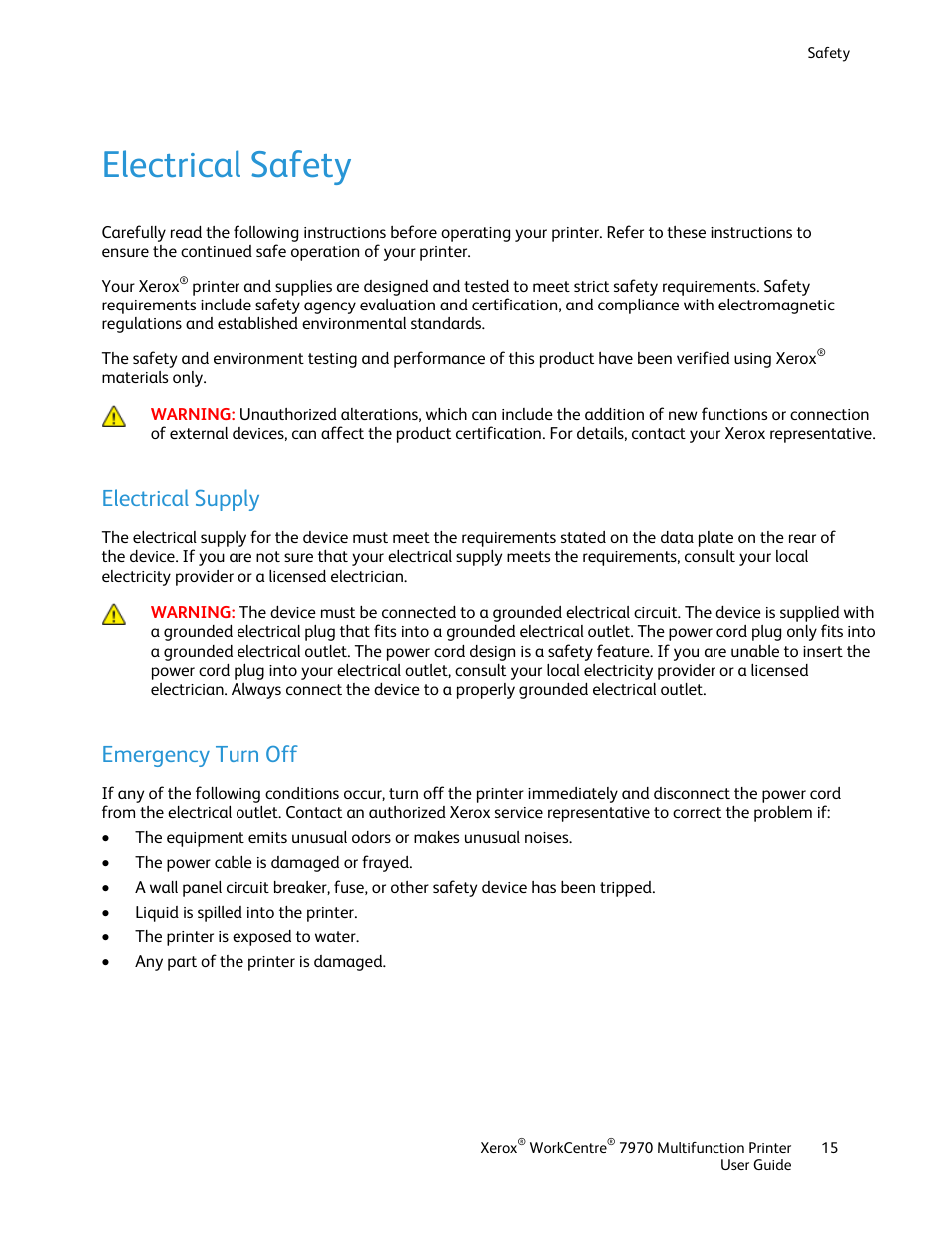 Electrical safety, Electrical supply, Emergency turn off | Xerox WorkCentre 7970-3795 User Manual | Page 15 / 316