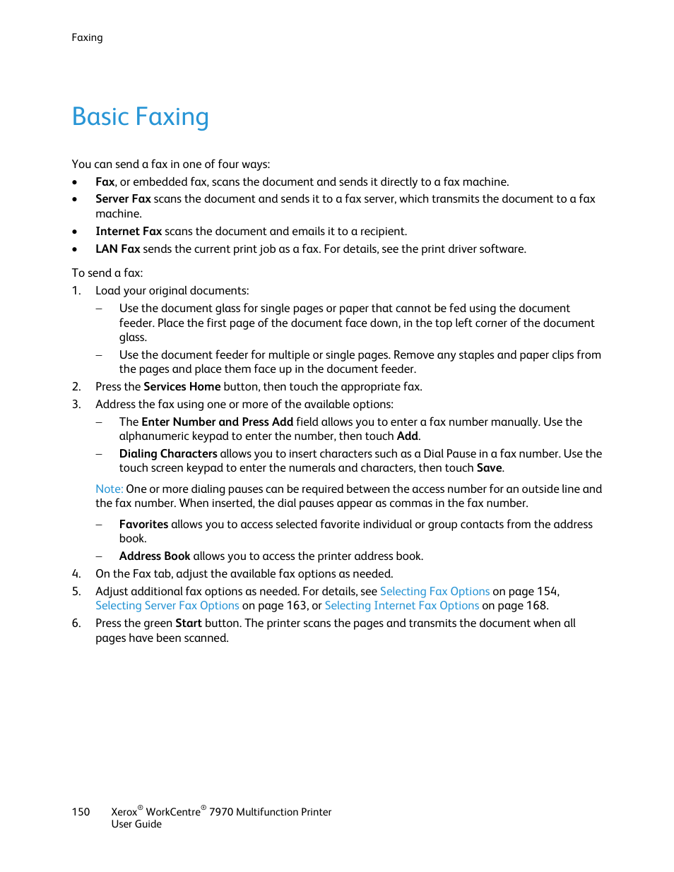 Basic faxing | Xerox WorkCentre 7970-3795 User Manual | Page 150 / 316