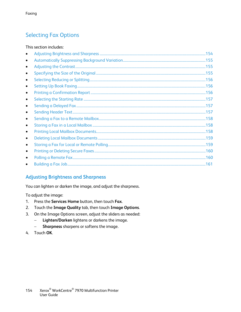 Selecting fax options, Adjusting brightness and sharpness | Xerox WorkCentre 7970-3795 User Manual | Page 154 / 316