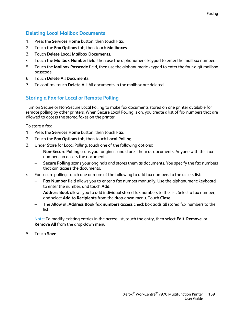 Deleting local mailbox documents, Storing a fax for local or remote polling | Xerox WorkCentre 7970-3795 User Manual | Page 159 / 316