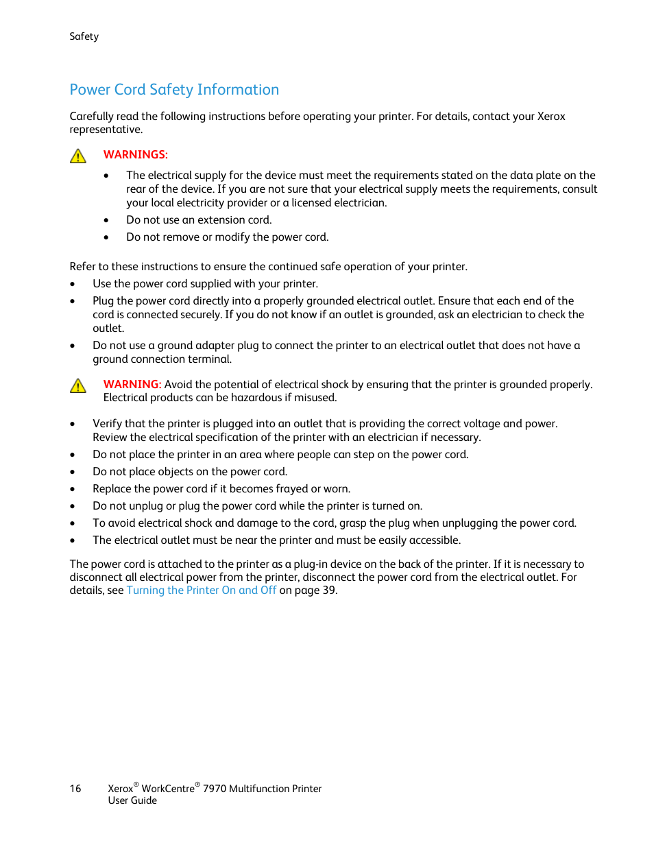 Power cord safety information | Xerox WorkCentre 7970-3795 User Manual | Page 16 / 316