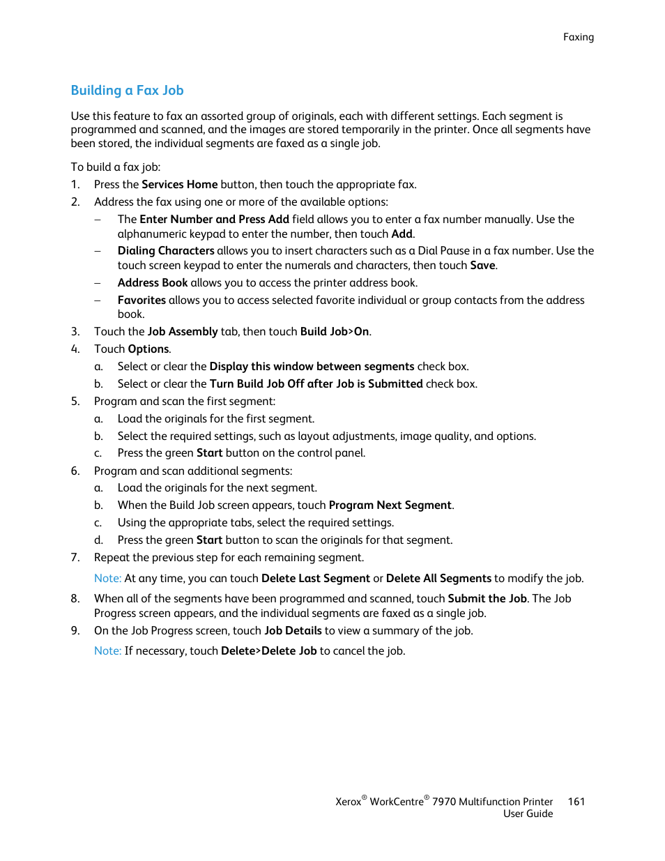 Building a fax job | Xerox WorkCentre 7970-3795 User Manual | Page 161 / 316