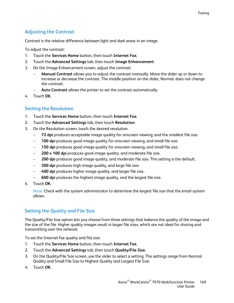 Adjusting the contrast, Setting the resolution, Setting the quality and file size | Xerox WorkCentre 7970-3795 User Manual | Page 169 / 316