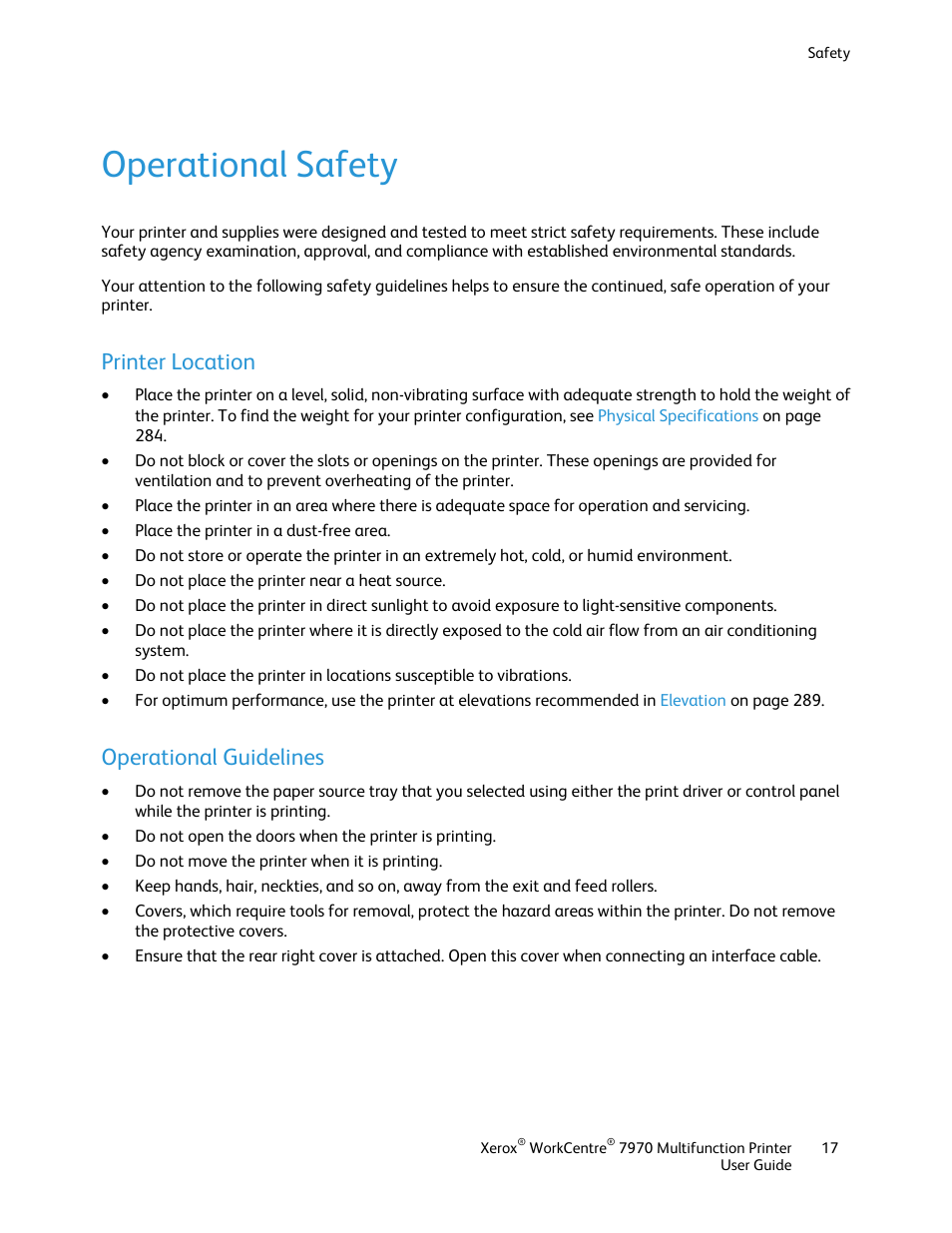 Operational safety, Printer location, Operational guidelines | Xerox WorkCentre 7970-3795 User Manual | Page 17 / 316