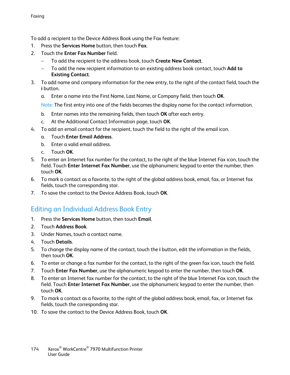Editing an individual address book entry | Xerox WorkCentre 7970-3795 User Manual | Page 174 / 316