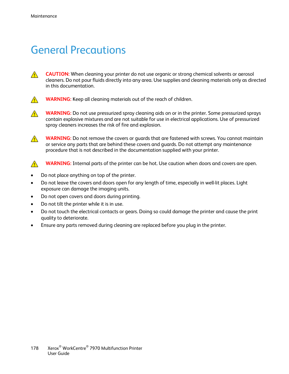 General precautions | Xerox WorkCentre 7970-3795 User Manual | Page 178 / 316