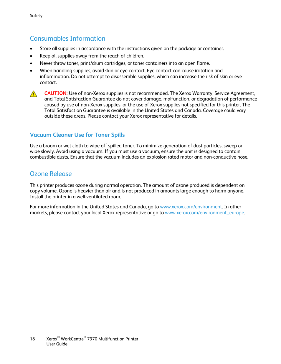 Consumables information, Vacuum cleaner use for toner spills, Ozone release | Xerox WorkCentre 7970-3795 User Manual | Page 18 / 316