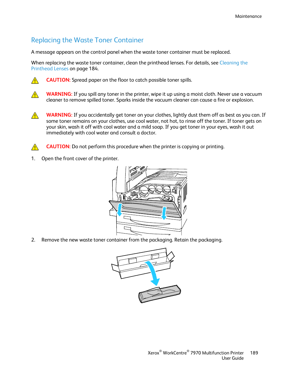 Replacing the waste toner container | Xerox WorkCentre 7970-3795 User Manual | Page 189 / 316