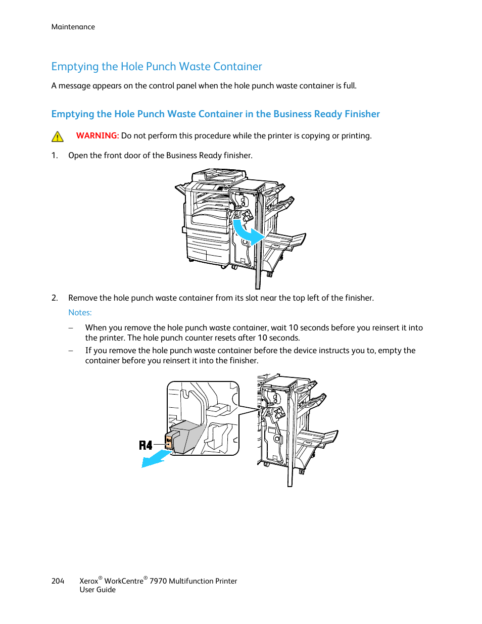 Emptying the hole punch waste container | Xerox WorkCentre 7970-3795 User Manual | Page 204 / 316