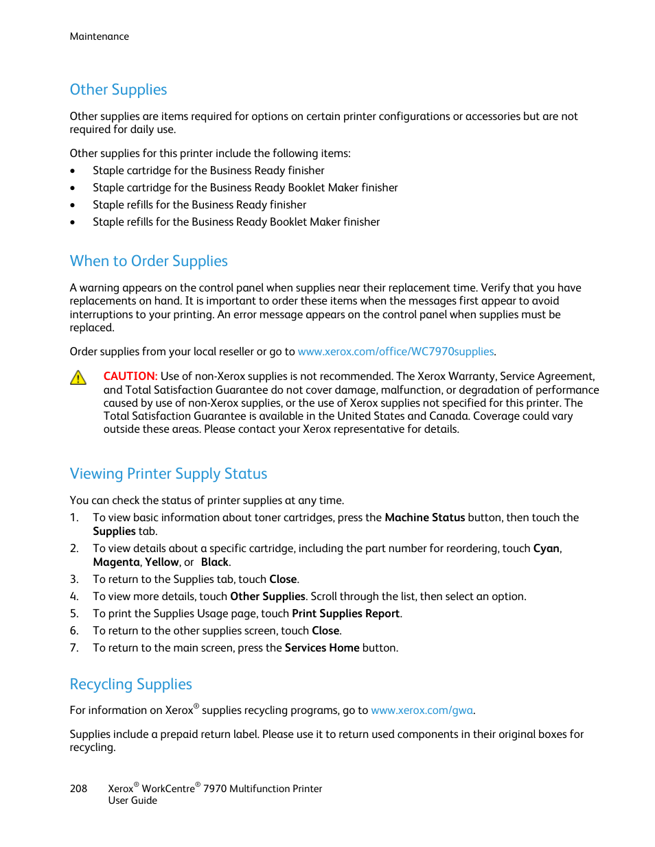 Other supplies, When to order supplies, Viewing printer supply status | Recycling supplies | Xerox WorkCentre 7970-3795 User Manual | Page 208 / 316