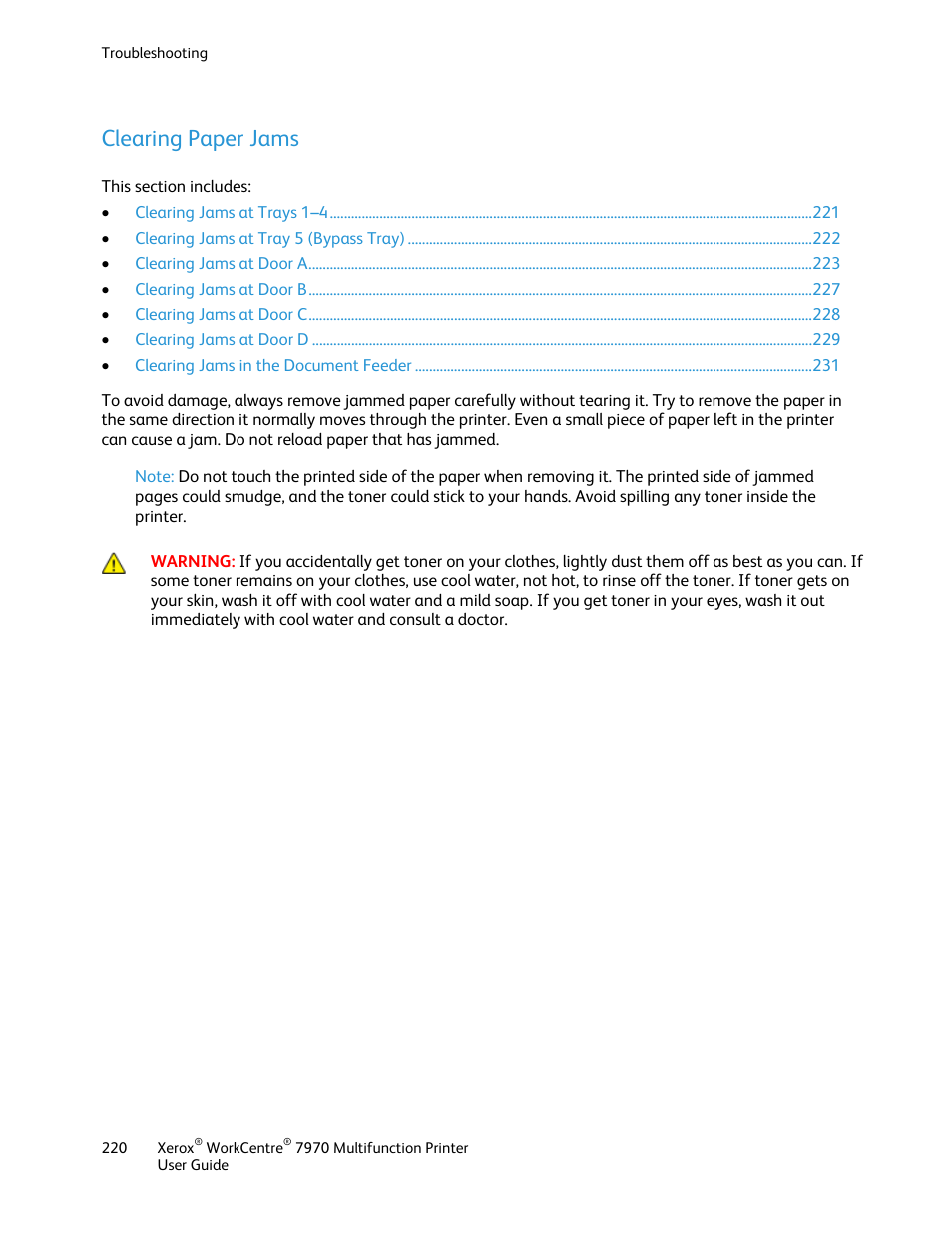 Clearing paper jams | Xerox WorkCentre 7970-3795 User Manual | Page 220 / 316