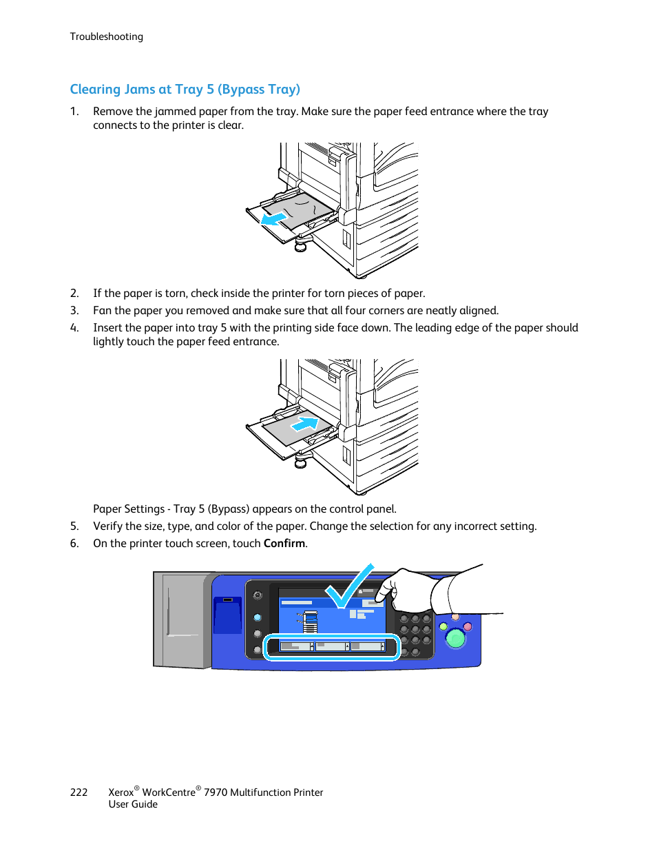 Clearing jams at tray 5 (bypass tray) | Xerox WorkCentre 7970-3795 User Manual | Page 222 / 316