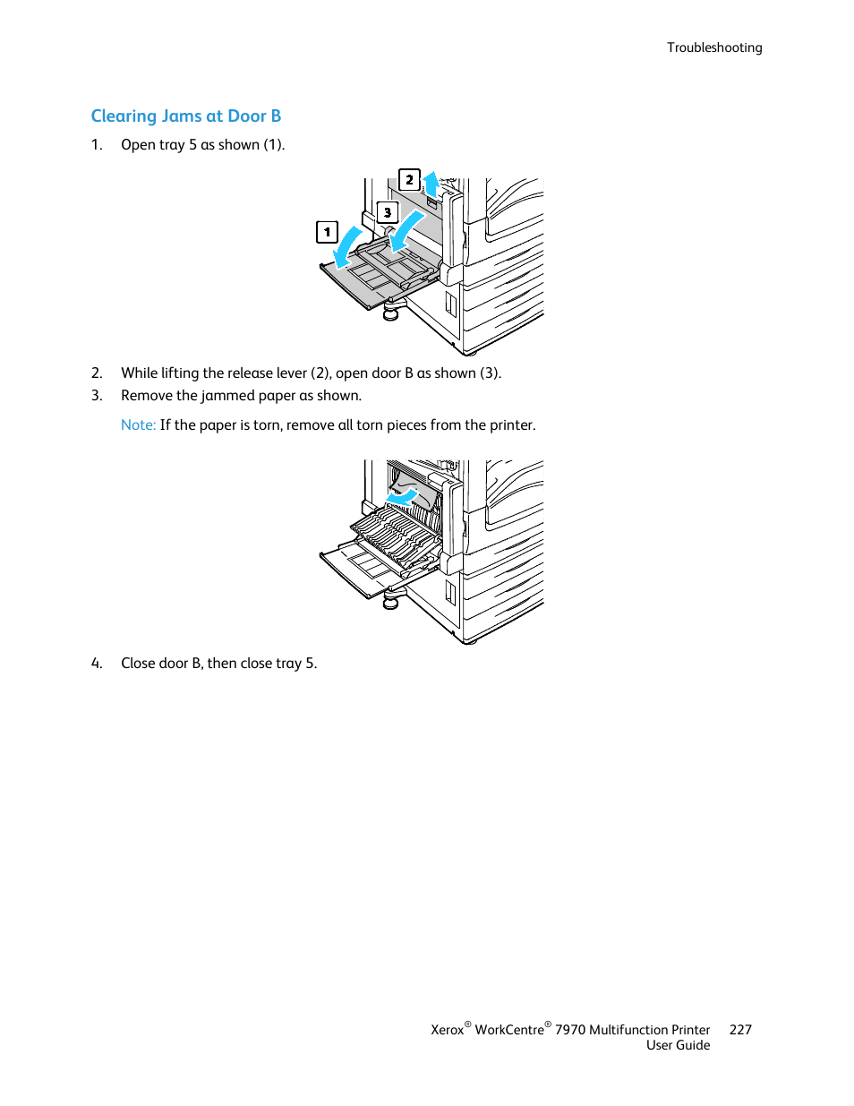 Clearing jams at door b | Xerox WorkCentre 7970-3795 User Manual | Page 227 / 316