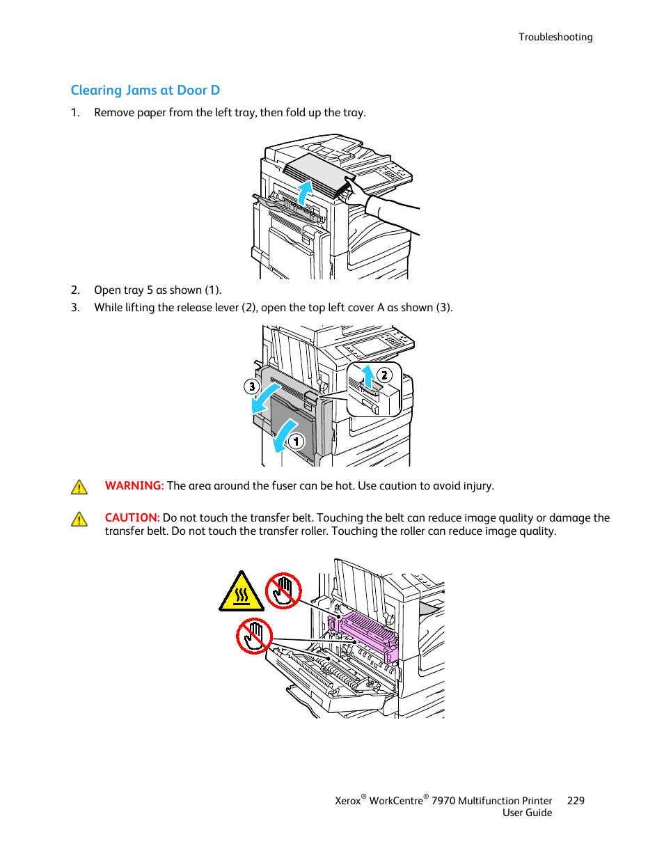 Clearing jams at door d | Xerox WorkCentre 7970-3795 User Manual | Page 229 / 316