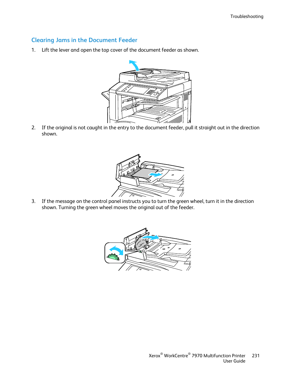 Clearing jams in the document feeder | Xerox WorkCentre 7970-3795 User Manual | Page 231 / 316