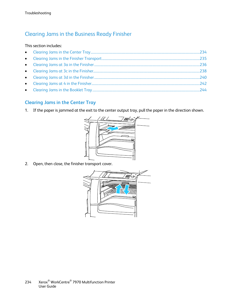 Clearing jams in the business ready finisher, Clearing jams in the center tray | Xerox WorkCentre 7970-3795 User Manual | Page 234 / 316