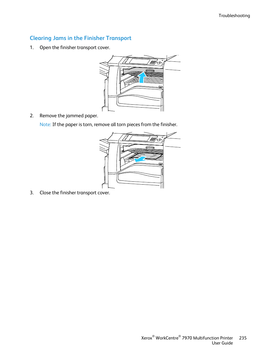 Clearing jams in the finisher transport | Xerox WorkCentre 7970-3795 User Manual | Page 235 / 316