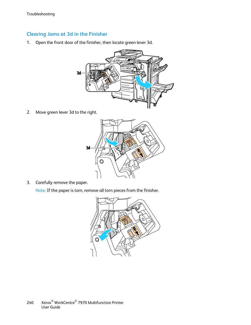 Clearing jams at 3d in the finisher | Xerox WorkCentre 7970-3795 User Manual | Page 240 / 316