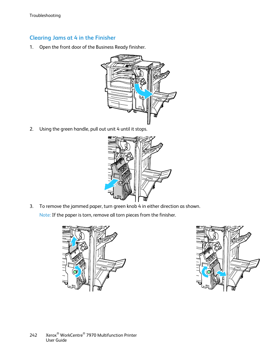 Clearing jams at 4 in the finisher | Xerox WorkCentre 7970-3795 User Manual | Page 242 / 316