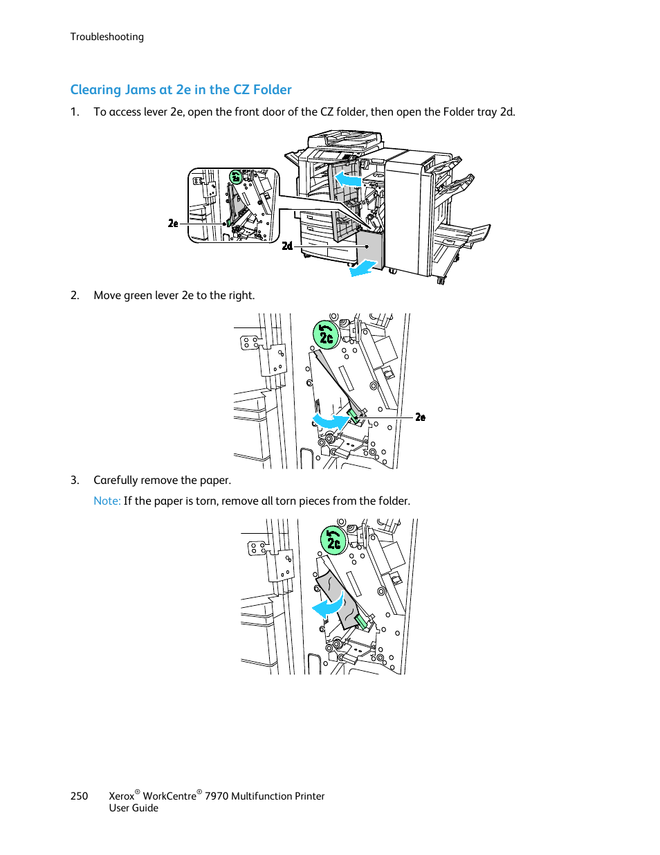 Clearing jams at 2e in the cz folder | Xerox WorkCentre 7970-3795 User Manual | Page 250 / 316